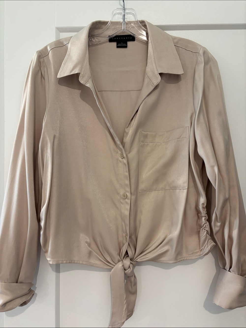 Sanctuary Satin Tie-Front Button-Down Blouse in Light Beige